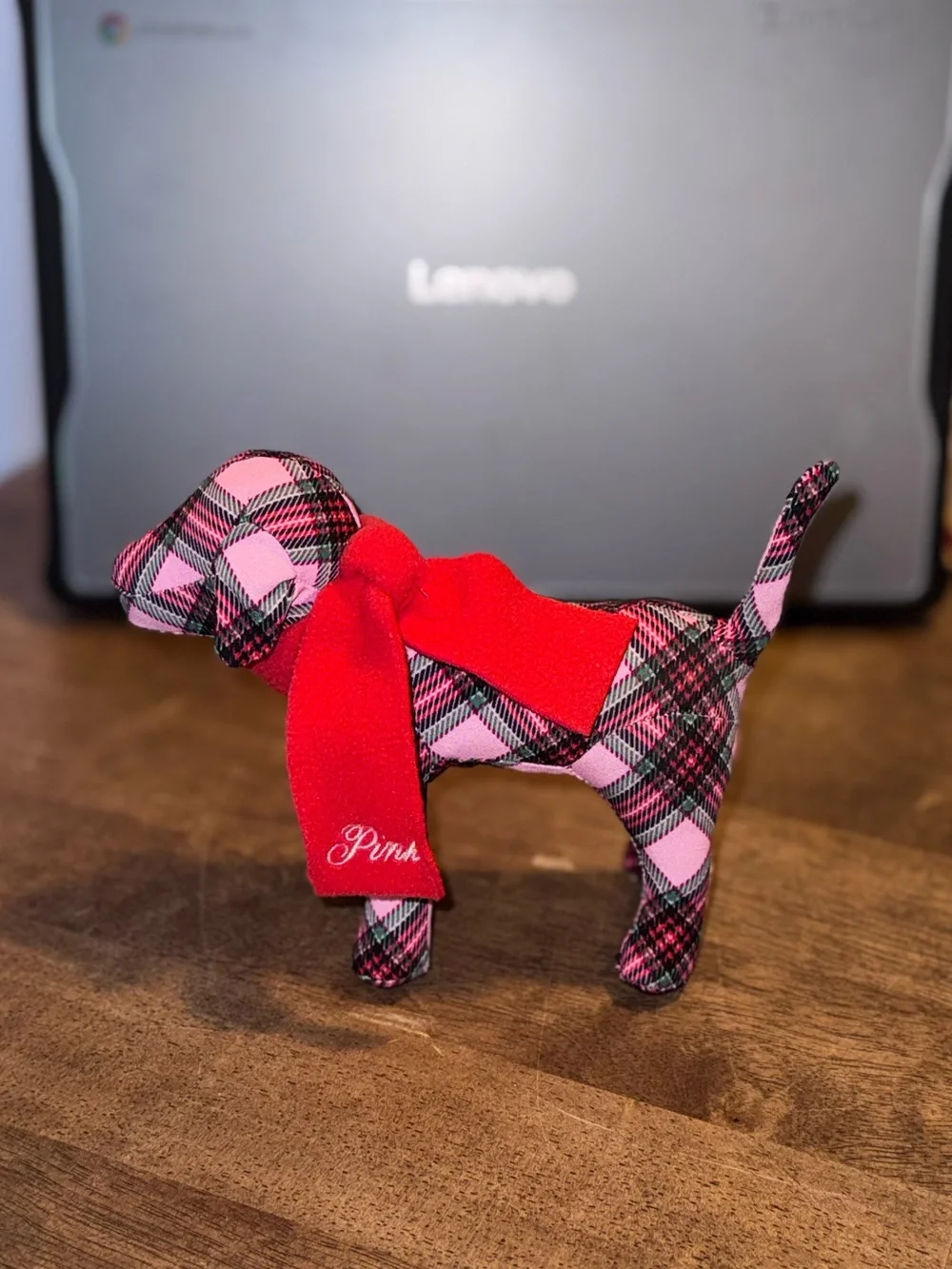 Pink Plaid Dog Toy Figurine with Red Scarf - Pink